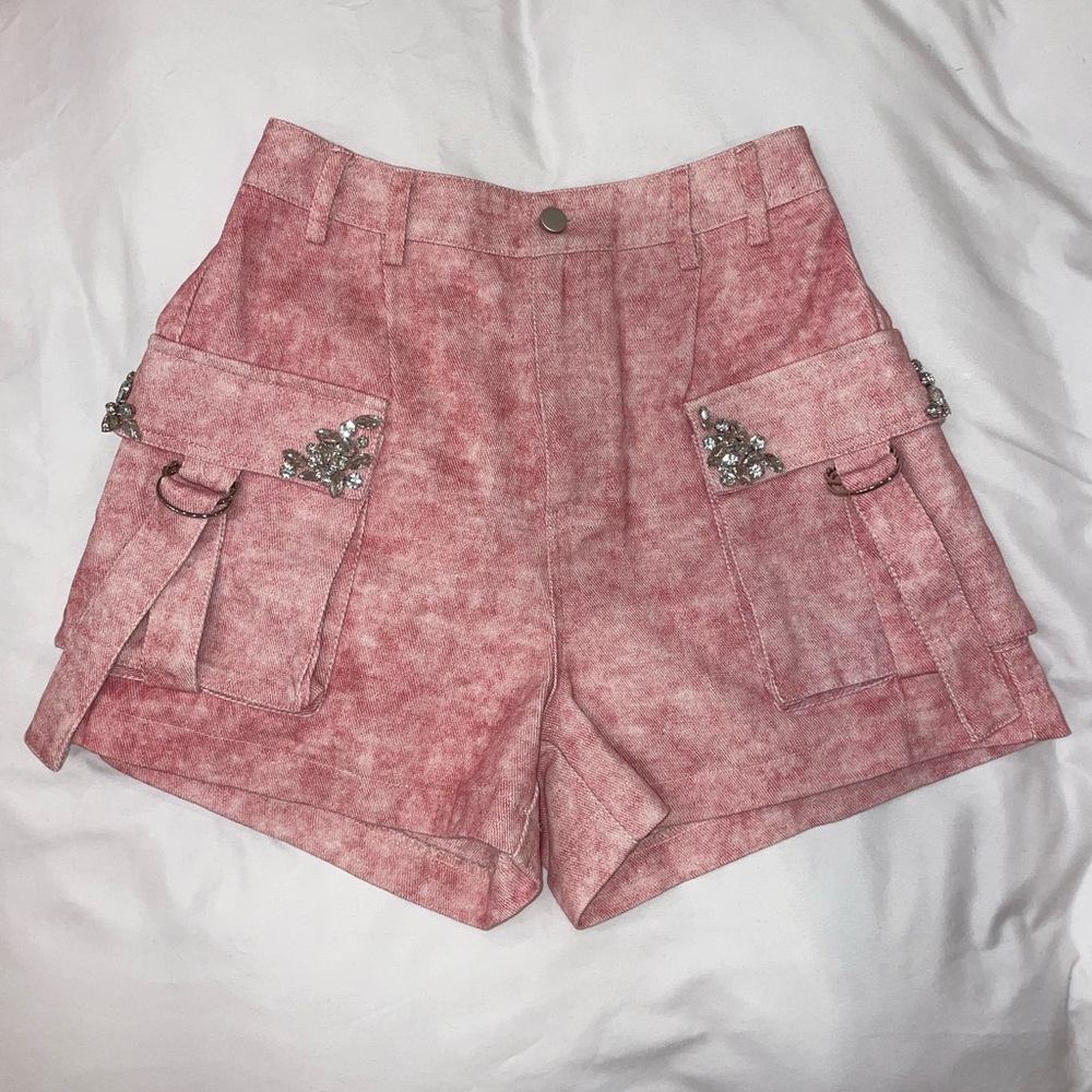 Tie dye cargo shorts with rhinestone embellishments